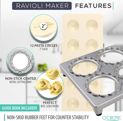 O’Creme Ravioli Maker for 12 Circles Each 1-7/8 Inch (Including Edges), with Non-Stick-Coated Metal Cutting Tray...