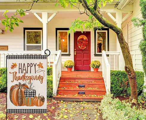 Happy Thanksgiving Fall Garden Flags for Outdoor,12x18 Double Sided,Harvest Buffalo Plaid Pumpkins Yard Flags,Small Thanksgiving Day Garden Decor ...