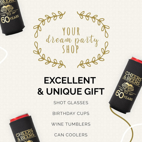 Cheers and Beers to 60 Years Can Coolers, Set of 12 - Black and Gold 60th Birthday Decorations and Party Favors for Men and Women - Cheers to 60 Y...