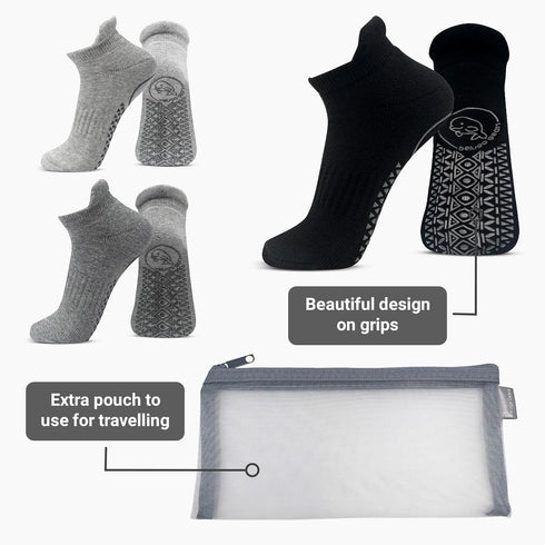 Ankle Socks Set with Non Slip Grips for Yoga, Pure Barre, Exercise, Pilates, Hospital Socks with Breathable Pouch for Women Men Adult Unisex 3 pai...