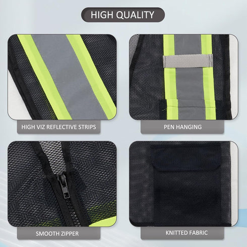 High Visibility Reflective Safety Vest with Zipper and Pockets Translucent Black,L...