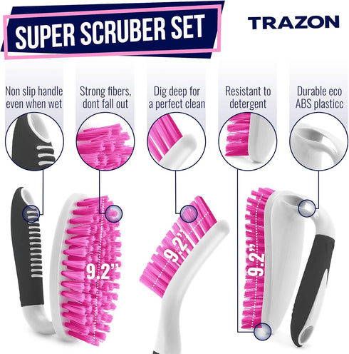 Scrub Brush Set of 3pcs - Cleaning Shower Scrubber with Ergonomic Handle and Durable Bristles - Grout Cleaner Brush - Scrub Brushes for Cleaning B...