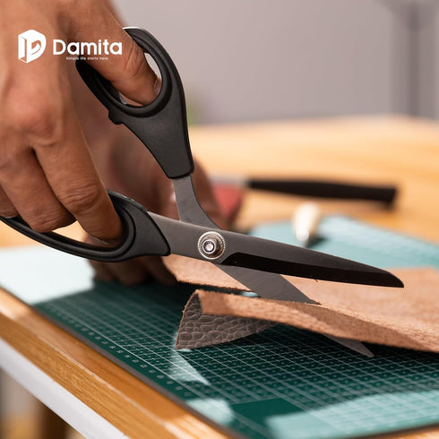 Damita Sharp Sewing Scissors 8.5" Heavy Duty Fabric Cutting Scissors, Black Titanium Coating Premium Forged Utility Scissors With TPR Grip Handles...
