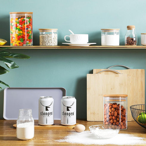 4 Pack Glass Storage Jars with Airtight Bamboo Lid, 27 OZ Glass Kitchen Canisters, Clear Container for Coffee Bean Storage, Dry Goods, Cookie, Can...