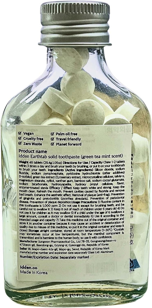 Earthtab Solid Toothpaste Tablets - Eco and Travel-Friendly Zero Waste Packaging Chewable Mouthwash Whitening Toothpaste Tablets (Greentea Mint) 9...