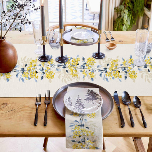Spring Table Runner 90 Inches Long Summer Flower Wild Leaves Seasonal Runner for Tables Dining Room Blue White Yellow Floral Holiday Dinner Runner...