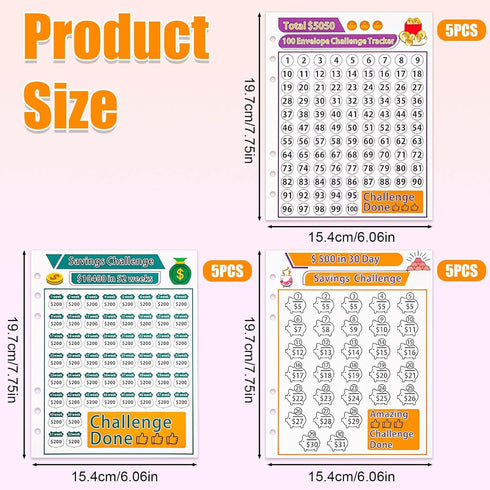 15pcs Money Saving Challenge Binder Trackers for 6 Ring A5 Binders, Envelope Money Saving Binder Inserts Refills Budget Planner to Save 500/5050/1...