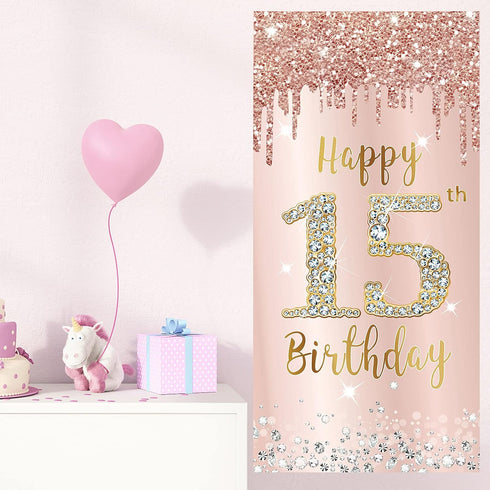 Happy 15th Birthday Door Banner Decorations for Girls, Pink Rose Gold 15 Birthday Party Backdrop Door Cover Sign Supplies, Fifteen Year Old Birthd...
