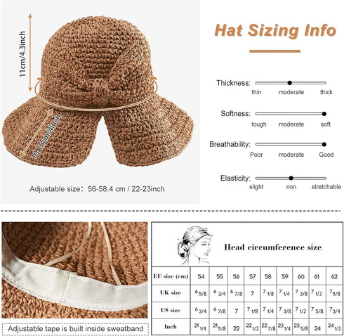 Foldable Wide Brim Floppy Straw Beach Sun Hat,Summer Cap with Bowknot for Women Girls,Strap Adjustable...