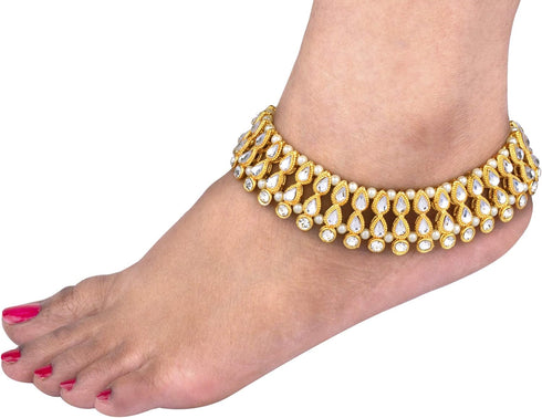 Efulgenz Kundan Anklet Indian Bollywood Crystal Faux Kundan Pearl Wedding Bridal Anklet Set for Women Bracelet Payal Foot Jewelry...