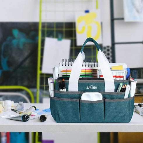 JJRING Craft Organizer Tote Bag for Art Storage, Caddy with Multiple Pockets, Bluish Green Sewing Bag for Scrapbooking, School, Medical, and Offic...