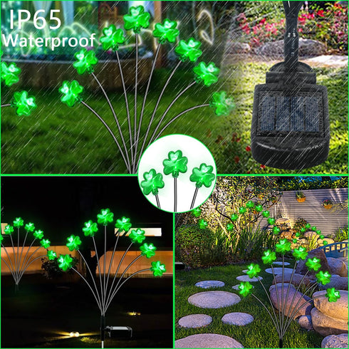 St Patricks Day Outdoor Decorations Solar Shamrocks Lights, 2Pack 16Led Green Lucky Clover Swaying Lights Solar Garden Stake Lights for St Patrick...