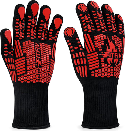 BBQ Gloves,1472°F Extreme Heat Resistant Barbecue Gloves,Silicone Non-Slip Oven Gloves,Kitchen Gloves for Cooking,Grilling,and Baking(Red)...