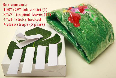 Tytroy 9ft Reusable Green Grass Hibiscus Flowers Hawaiian Luau Table Skirt Set with Bonus 12 Green Tropical Palm Leaves Perfect for Tropical Theme...