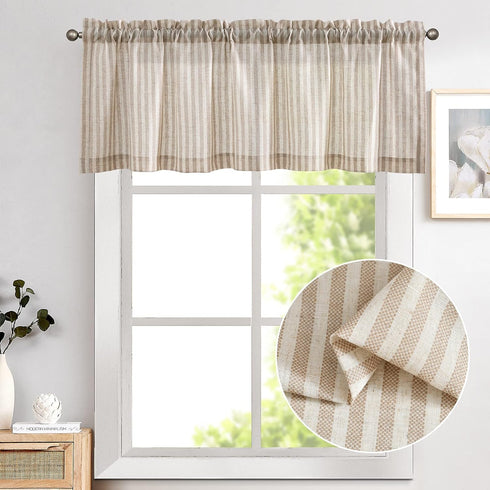 Vangao Kitchen Valance Linen Stripe Short Curtain Farmhouse Country Rustic Pinstripe Tickingstripe Light Filtering Rod Pocket Window Topper Treatm...