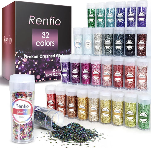 Renfio 32 Colors Broken Crushed Glass Glitter Set, 22.57oz 640g Glitter Shards 2-4mm Irregular Metallic Glass Chips Crystal Chunky Flakes Sequins ...