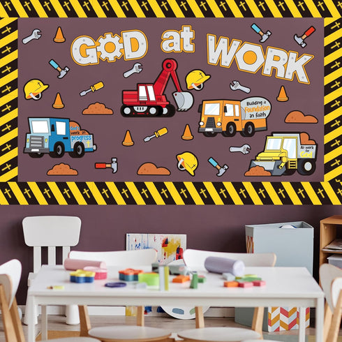 Fulmoon 79 Pcs God at Work Construction Bulletin Board Set Christian Under Construction Decorations Religious Construction Cutouts for Preschool E...