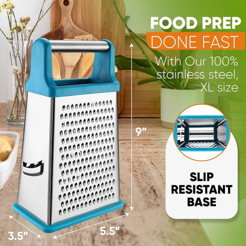 Spring Chef Handheld Stainless Steel XL Parmesan Cheese Grater with Handle - 4 Sided Metal Box Grater for Kitchen - Dishwasher Safe Potato Shredde...