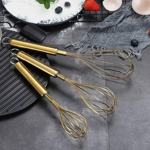 Berglander Gold Whisk Pack of 3 Stainless Steel 8",10",12", Titianium Plating Gold Whisks for Cooking, Beater,Wire Whisk Set Kitchen Wisk (Gold)...