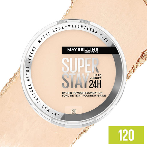Maybelline Super Stay Up to 24HR Hybrid Powder-Foundation, Medium-to-Full Coverage Makeup, Matte Finish, 120, 1 Count...