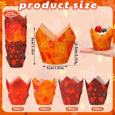 400 Pcs Fall Cupcake Liners Thanksgiving Tulip Wrappers for Baking Autumn Muffin Cupcake Holders Pumpkin Maple Leaf Liners Paper Baking Cups for B...