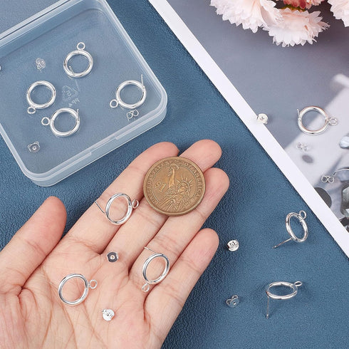 Beebeecraft 1 Box 20Pcs Circle Stud Earring Findings 925 Sterling Silver Plated Stainless Steel Hollow Round Circle Earring Posts with Loop and 20...