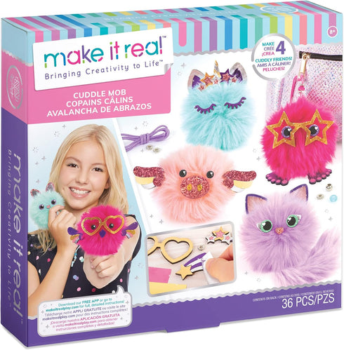 Make It Real DIY Cuddle Mob Kit - Create 4 Adorable Pom Pom Characters with 36 Pieces - All-in-One Arts & Crafts Set for Tweens & Girls - Fun, Ski...