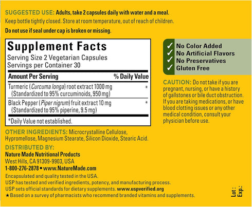 Nature Made Extra Strength Turmeric Curcumin with Black Pepper, 1000mg extract (950mg Curcuminoids) per serving, Supports Healthy Inflammation Res...