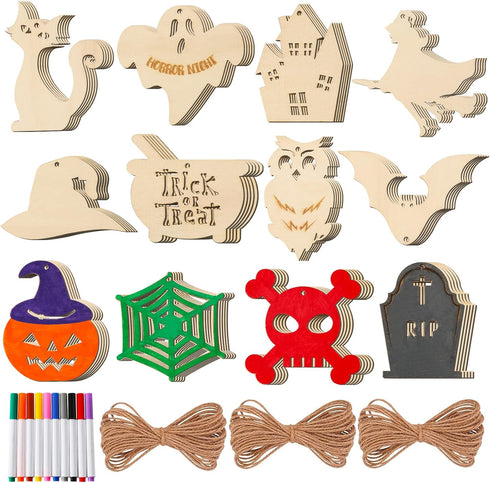MGparty Halloween Crafts 60PCS Halloween Wooden Slices DIY Natural Wood Crafts Unfinished Predrilled Cutouts Ornaments for Kids Halloween Hanging ...