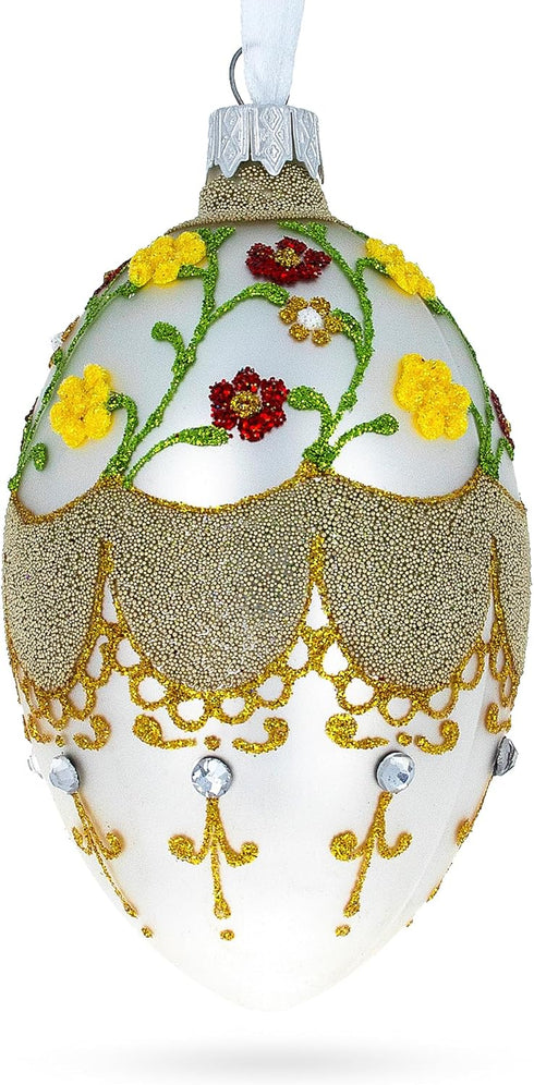 Multicolor Flowers On White Glass Egg Ornament 4 Inches...