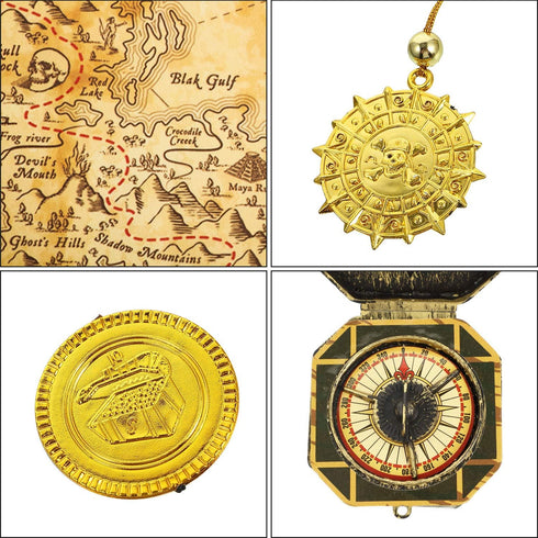 Gejoy Halloween Detailed Pirate Treasure Map Vintage Gold Secret Sea Historical Theme Party Accessory, Compass Necklace Plastic Coins Toy Pirate T...