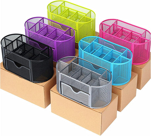 Silver Mesh Pen Holder and Organizer Office Supplies with 9 Compartments, Desktop Organizer with Drawer, Metal Pen Holder for Desk, ?9.25" x 4.53"...