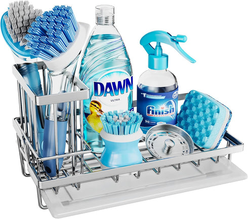 Consumest Sink Caddy-Kitchen Sponge Holder + Dish Brush Holder for Kitchen Sink, Sink Organizer with Drip Tray for Countertop Stainless Steel Rust...