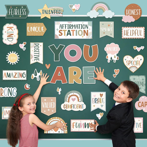 45pcs Boho Affirmation Station Bulletin Board Set Motivational Posters Classroom Mirror Growth Mindset Decor Positive Affirmations Accents Cutouts...