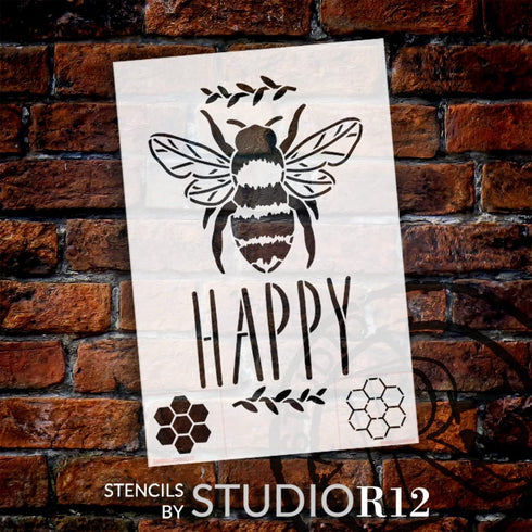 Bee Happy with Bee Stencil by StudioR12 | Craft DIY Spring Home Decor | Paint Inspirational Wood Sign | Reusable Mylar Template | Select Size (8 i...
