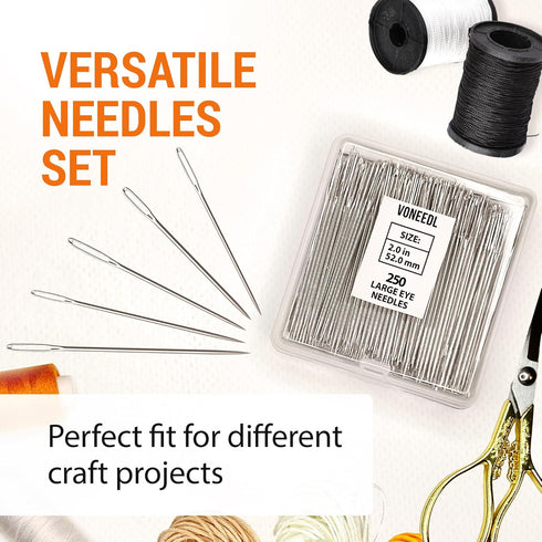 VONEEDL 250 Large Eye Sharp Needles - Easy to Thread Needles in Convenient Storage Box - Bulk Set of 2 inch Big Eye Embroidery Needles, Perfect fo...