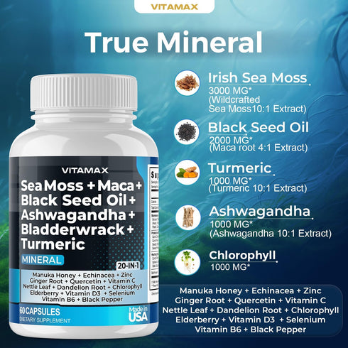 Sea Moss 3000mg Maca 1000mg Black Seed Oil 2000mg Ashwagandha 1000mg Bladderwrack, Turmeric - Manuka, Elderberry, Vitamins C & D3, Chlorophyll, Zi...