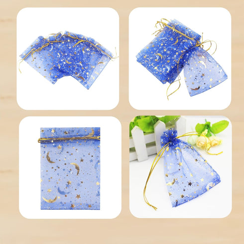 100 Pack 7x9 Inch Moon Star Organza Jewelry Gift Pouch Candy Pouch Drawstring Wedding Favor Bags MS17 (royalblue)...