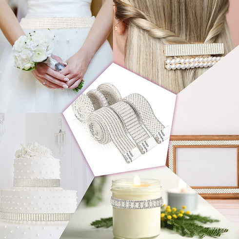 WILLBOND 6 Rolls 5.28 Yards Pearl Diamond Ribbon Rhinestones for Crafts White Self Adhesive Faux Crystal Stickers for Wedding Birthday Party Art C...