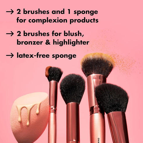 e.l.f. Cosmetics Complexion Essentials Brush & Sponge Set, Concealer, Powder, Blush & Highlighter Brushes & Total Face Sponge For A Perfect Comple...