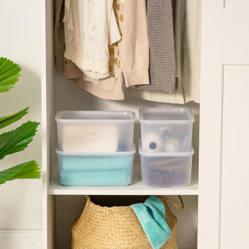 IRIS USA Plastic Storage Basket with Lid, 4-Pack, Stackable, for Kitchen Bathroom Bedroom Closet Kid's Room Office, Easy to Clean, Stylish Design,...
