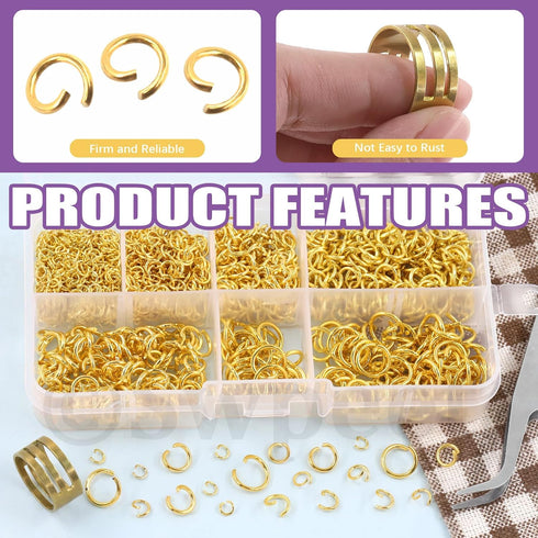 Swpeet 1403Pcs Mixed Size 4-10mm Gold Open Jump Rings Kit with Tweezer, Jump Ring Pliers and Jump Ring Opener, Round Ring Connectors for Jewelry M...