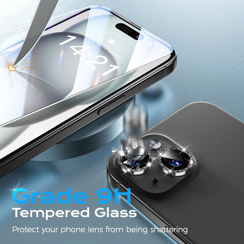 for iPhone 15 Camera Lens Protector Bling and 3 Pack Screen Protector, Tempered Glass Camera Cover, Anti-Scratch Anti-Drop Protection Glitter Came...