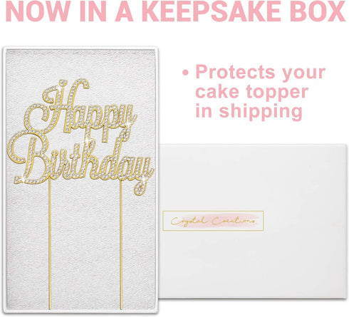 Happy Birthday Cake Topper - Premium Gold Metal - Happy Birthday Party Sparkly Rhinestone Decoration Makes a Great Centerpiece - Now Protected in ...