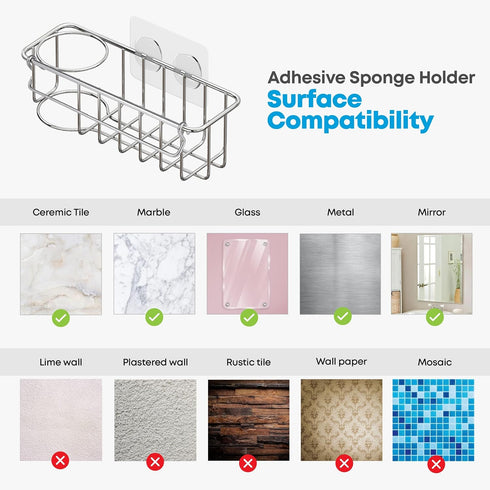 KESOL RustProof Sponge Holder Caddy for Kitchen, Stainless Steel Organizer, Brush Holder, 304 Accessories, Suction Cup + Adhesive...
