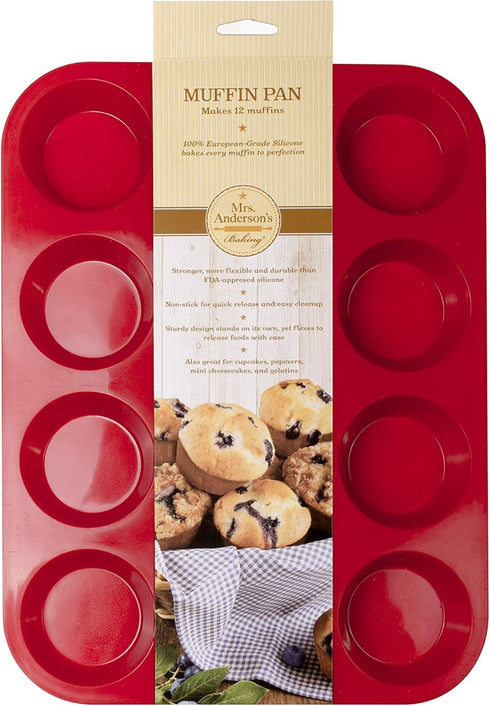Mrs. Anderson's Baking Silicone 12-Cup Muffin Pan Baking Mold, BPA Free, Non-Stick European-Grade Silicone, 13.5 x 10 x 1.25-Inches...