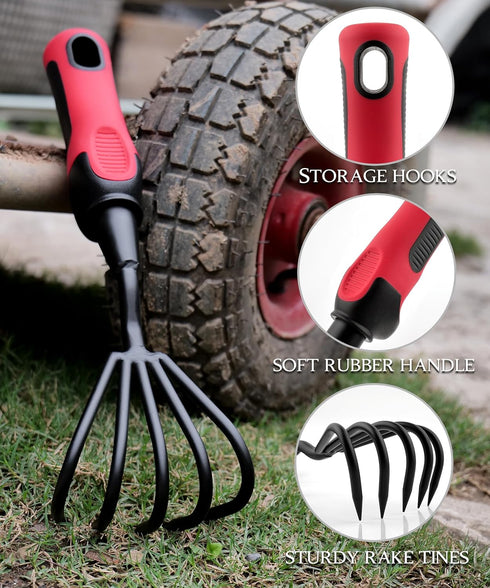 Stainless Steel Garden Rake and Hand Cultivator for Heavy-Duty Soil Loosening, Planting, and Weed Removal - Ideal for Men and Women - Red Handle...