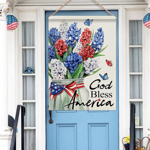 God Bless America 4th of July Patriotic 28 x 40 House Flag Double Sided, American Hyacinth Floral Flower Mason Jar Garden Yard Decoration, USA Bur...