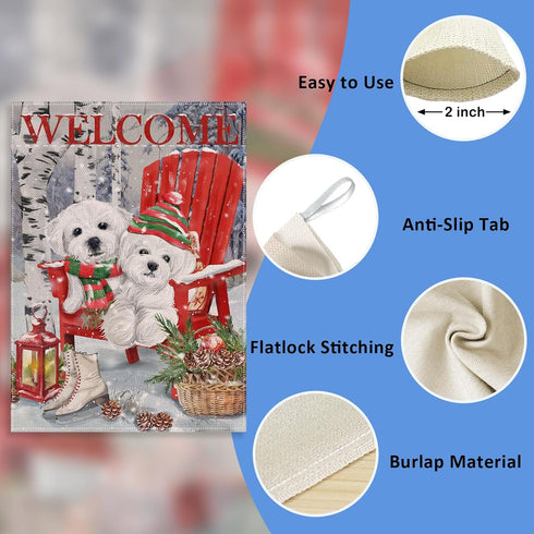 Home Decorative Welcome Winter Bichon Frise Dogs Red Chair Garden Flag, Puppy Pinecone House Yard Ice Skates White Birch Trees Outside Decoration,...