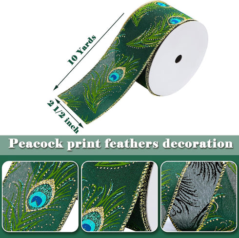 Peacock Print Wired Ribbon Feathers Peacock Decorations 2 1/2 inch x 10 Yards for Home, Ribbon for Wrapping, Party Decor, Christmas Decorations, M...
